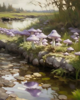 A light purple bog with mushrooms painted by John Singer Sargent