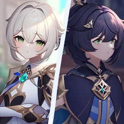 potrait of genshin in genshin ((genshin)) ((genshin ingame outfit)) wearing a short skirt, black short hair, green eyes, extreme close up