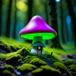 "Close up of a wonderful tiny Mushroom Tower home. green and magenta with bright white, deep black and contrasting tones of gray. Illuminated bioluminescent forest. Professional painter, master at composition. small but detailed. broken, blurred background, voluminous lighting"