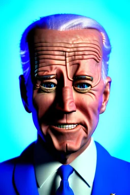 Waist up Portrait, joe Biden as muppet doll, Blue suit retro style, photo studio, blue background, unreal engine 5, concept art, art station, god lights, ray tracing, RTX, lumen lighting, ultra detail, volumetric lighting, 3d.