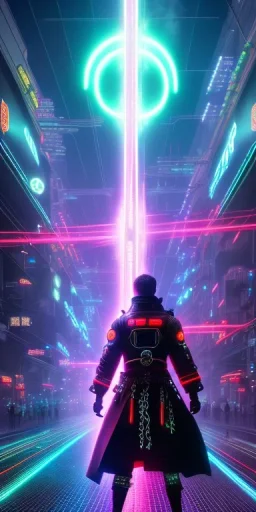 Itachi, with cyber glowing swords, cyberpunk, full body, realistic, intricately detailed, neon lighting, vivid colors, neon, 64k