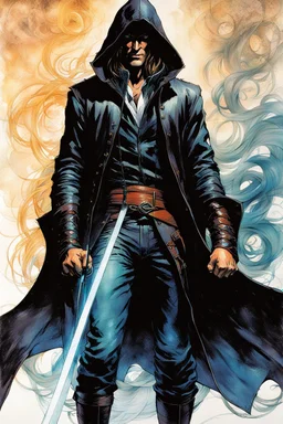 Create a fine art print , illustration of a hooded epic fantasy sword and sorcery thief character with long flowing hair , finely lined and detailed facial features, in an laced jerkin leather jerkin and breeches , a short oriental cloth belt at the waist, stealthy soft leather slippers, , in the comic book style of Bill Sienkiewicz, Howard Chaykin, Mike Mignola, Philippe Druillet, and Jean Giraud Moebius, precisely drawn, colored and inked