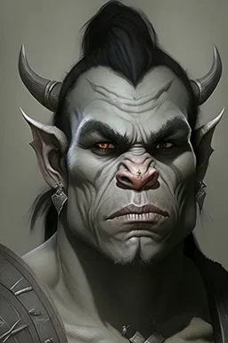 Portrait of an half-orc, grey skin, two large lower tusks, proud look, short dark hair