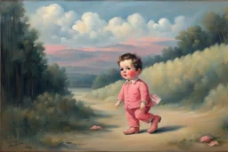 Big pink plastic Boy doll.19th painting