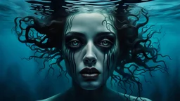 close up face shadow eyes, void, pain, hyper-realistic detail, floats in deep sea, Dark sea ten and in her hair, drils and shadow around, abyss, fog, Style crepy stunning, dark, surreal vibe underwater and meticulous detail clean pale skin and face. dark shadow and weird mood