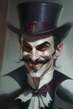 Strahd von Zarovich with a handlebar mustache and a top hat with a sadistic grin