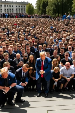 hundreds of people kneeling in front of donald trump