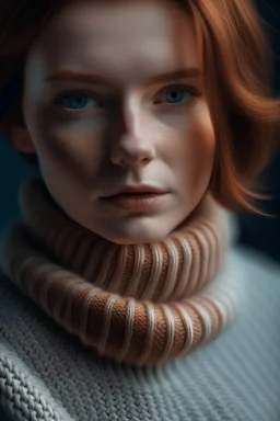 Close-up, close-up, of a woman wearing a beautiful pullover. Her face half covered with the collar of the pullover.