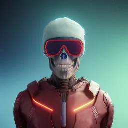 Midjourney style of detailed and intricate skull wearing red sunglasses| wearing cosmonaut suit| portrait and science fiction theme| aurora lighting| nebula and stars| stunning environment| volumetric lighting| vibrant