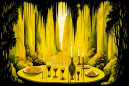 ochre caricarure of dinner in candlelight, double exposure waterfall landscape at night