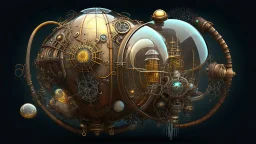 steampunk sphere with tubes, pipes, and wires floating in deep space, detailed