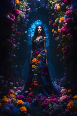 full body photo of a magical woman wearing a living dress made out of flowers in a dark mysterious place, vivid vibrant colours, volumetric lighting, sharp focus, amazing depth, creative masterwork by head of prompt engineering
