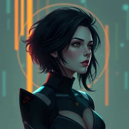 a pretty woman, dark hair, futuristic, contemplative, digital art, stylised