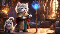 An enchanting image featuring an adorable kitten mage wearing intricate ancient robes, holding an ancient staff, hard at work in her fantastical workshop, intricate runic symbols swirling around her, it's clear that she's busy casting a powerful spell. Her fluffy tail sways gently as she concentrates on the task at hand, adding to the whimsical atmosphere of this magical scene. The soft lighting and detailed surroundings create an immersive environment where imagination runs wild.