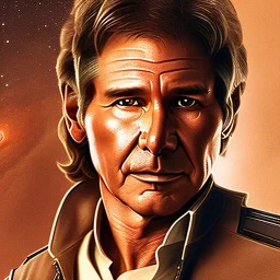 8K space background with stunning photo realistic detailed head to waist portrait of harrison ford as han solo in star wars with photo realistic short hair by Sergi Cadenas, Sharp focus, brown eyes, weathered skin,space jacket from star wars, cinematic lightning