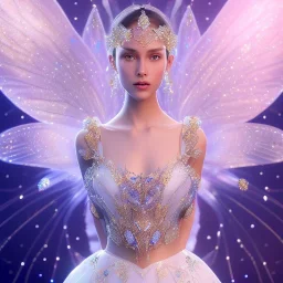 one big crystal subtle in a galactic ambiance with a beautiful flowers with butterfly wings, transparent flowers, delicate colors, smile,soft light atmosphere, smooth, extremely sharp detail, finely tuned detail, ultra high definition, 8 k, unreal engine 5, ultra sharp focus