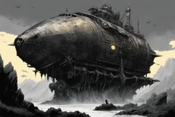 [art by Dorohedoro] a new world emerges. A world where a gigantic obsidian crystal spaceship dominates the skies. Its massive bones jut out, the skull at the prow and the feet at the engine, like some gothic monstrosity brought to life. The brass coverings gleam in the light, adding an air of ancient mystery to the vessel.