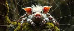 the high speed magical face of a fluffy pig spider yoga with charm in web from mossy tower, master oil painting by Rembrandt and Escher, in his moss covered space ship , brightened edges to give a sense of depth, motion blur