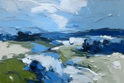 Minimalist English landscape in shades of blue and white impasto oil strokes in the style of frank Auerbach