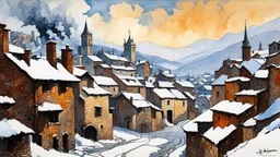 ink oil painting of a medieval Italian village landscape in winter, smoke rising from chimneys and icicles hang from the eaves, in the impressionist style of Childe Hassam, mixed with art nouveau, and abstract impressionism, and the comic art style of Jean-Giraud Moebius, precise and sharply defined brickwork and stone edges, in subdued natural colors