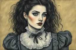 create a 3/4 profile full body oil pastel of a dark haired, , raggedly dressed, savage gothpunk vampire girl with highly detailed , sharply defined hair and facial features , in the style of JEAN-FRANCOIS MILLET and MARY CASSATT