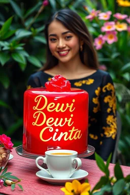 Make a big shiny and bright jelly cake, bright crimson in color, written text details "Dewi Cinta" in cursive letters, near a beautiful smiling supermodel wearing a shiny bright black dress with yellow dragon embroidery, , near a coffee cup with steam, lush green garden background with beautiful green color with some vibrant colorful flowers, ultra HD 64k macro sharp focus cinematic photography