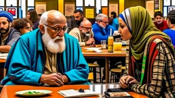 A teacher in the university cafeteria looks at an old man sitting at another table, with Egyptian skin