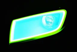 vehicle headlight(with chrome and neon green trim) on black background, add details and inner chrome+light