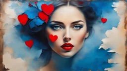 old painting, torn edges, blue, WOMAN, love, red heart, light, flower, double exposure, abstract surreal portrait, oil painting in impressionism, large strokes, airbrush effect, textured painting, antique style, vintage, semi-abstract, semi-realistic, surreal .