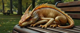 master oil painting by Rembrandt, close up portrait of transparent translucent dragon sleeping on a bench in the park