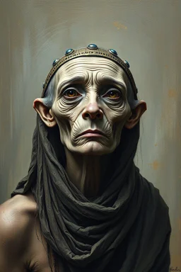 Busch painting style nightmare, an old Egyptian woman, her skin texture made of grey dog hair Webber , she is without hair