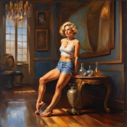 full length low angle airbrush portrait of young barefoot woman standing legs apart, wearing crop top and silk shorts with blond hair in pixie haircut, tan complexion, and wireframe glasses, sapphire pendant, confident expression, by pino daeni bare feet resting on hardwood floor, in opulent parlor with antiques, relief hangings, and a crystal decanter, perfect toes, pedicure