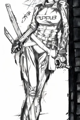 teen woman in retro-futurist cyberpunk costuming with pants and sheathed swords leaning to the side with shoulder against a brick pillar, background is brick with graffiti of a large arrow pointing to the right and text of the word "PUB" on lower left