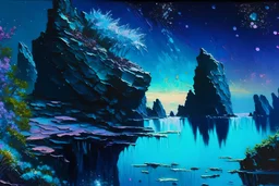 rocky cliff, vegetation, galaxy, infinite, cosmos, people, water reflection, sci-fi, otto pippel impressionism painting