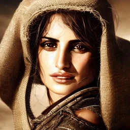 best quality, realistic lighting, masterpiece portrait of Penelope Cruz, details, light dusting of freckles, cowboy shot from above, simple chain hauberk, warhammerVector art matte painting digital illustration 3D shading CryEngine Behance HD 3Delight