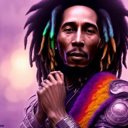 bob marley , full body shot, masterpiece, best quality, black skinned, sparkling eyes, fluorescent skin,purple-dark makeup, smoke . warrior armor , highly detailed body, sun light, 4K, RAW, depth of field, high contrast, realistic details, 24mm