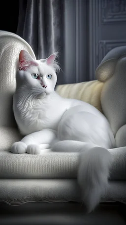 White cat, sitting on a sofa hdr