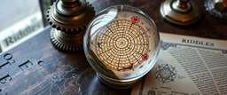 map of labyrinth contained in a glass ball with elemental sigils and symbols on a table beside a book called Riddles
