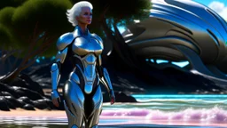 Middle-aged woman with blond hair in a robotic silver catsuit, standing on the right of a partially submerged sleek spaceship, on an alien beach, with alien trees