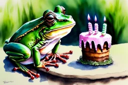 Frog is having a birthday cake. Highly detailed, smooth colours, realistic landscape. Aquarell