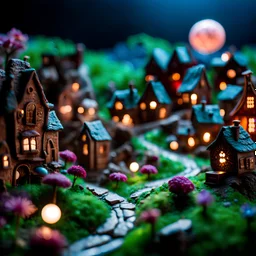 Detailed creepy landscape, tiltshift made of modeling clay, stars and planets, village, flower, Tim Burton, strong texture, Harry Potter, extreme detail, decal, rich moody colors, sparkles, bokeh, odd