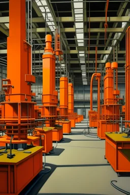 An orange colored factory filled with machines painted by Piet Mondrian