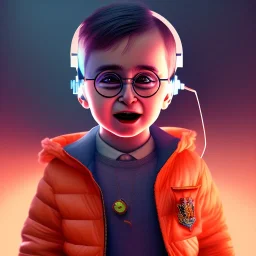 Harry Potter toddler, smile, cyberpunk headphone, sunglass, gangsta neckless, full body, orange puffer jacket, tokio background, dramatic lighting, hyper realistic, unreal engine 5, 16k