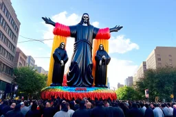200 ft tall cartoonish jesus parade balloon pulled by multiple grim reapers, multi colored, bright, vivid, psychedelic, high detailed, high gloss, insanely detailed, matte, horrorcore, lining the street, unsettling contrast, monument to death, live action shot grim reaper parade, pulling a jesus parade float