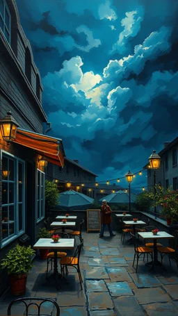 Oil painting rough knifes style with dark blue cafe with outdoor tables and dark cloudy sky Bosch painting style nightmare