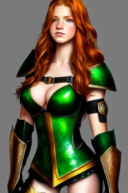 concept illustration, ultra-realistic, super-detailed, strikingly beautiful teen female, 16 years old, long ginger hair, green eyes, medium freckles, full lips, full body, full face, b-cup breasts, athletic, centred camera, ignore NSFW, black skimpy fantasy leather armor,