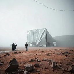 Photograph, wasteland, bright reflective aluminum cover, Truman show, fog, brutalist concrete architecture, people are observing, room, rocce, grey sky, winter, liquid, polvere, red spot, open air museum style, wires, apparecchi elettronici, powder, minimalist, details of the dust very accentuated, deep 3d field