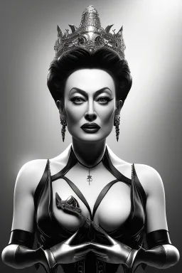 Joan Crawford as evil queen in black leather, busty, cleavage, dominatrix, curvy, angry, stern look. unreal 5, octane render, cinema4d, dynamic lighting, dramatic lighting, 4k, redshift render, highly detailed, hyper realistic,anthropomorphic