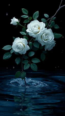 The image is a digital artwork that depicts a branch of tree of Blue roses and leaves tangling in to a water in the river with aThe rose floats on the surface of the water, creating a wave-like effect. The background is black, which makes a branch of a tree of white roses stand out even more. Water droplets are scattered adding to the dreamy, ethereal quality of the image. The a