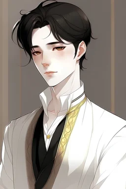 A 17-year-old servant girl with a lean frame, golden skin, brown hair, and brown hair, who was wearing wore a long-sleeved white shirt and black pants, both decorated with a single sliver stripe down each side surprised when she spotted a 19 or 20-year-old prince with very glossy black hair, and very pale skin, then he was waving at her in a palace ball filled with people.
